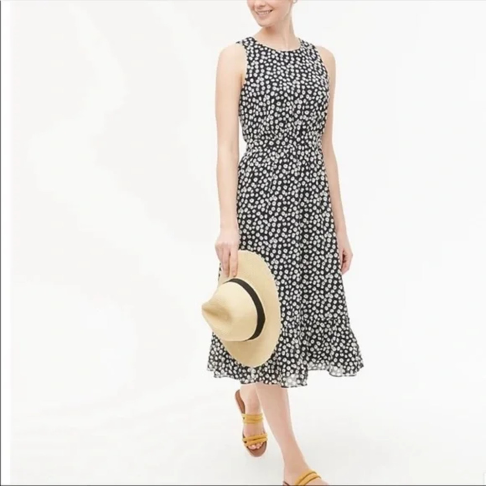 J.Crew Navy w/ White Floral Print Chiffon Sleeveless Tiered Midi Dress 4 EUC - Picture 1 of 8